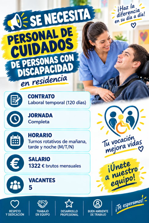 Se necesita personal de cuidados de personas con discapacidad en residencia