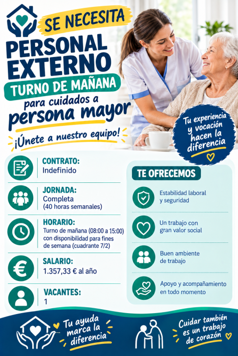 Se necesita personal externo turno de mañana para cuidados a persona mayor