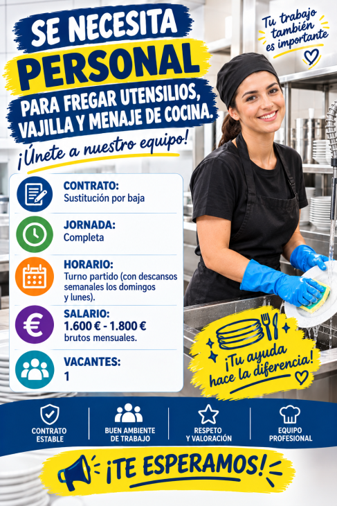 Se necesita personal para fregar utensilios, vajilla y menaje de cocina