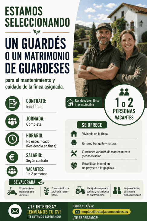 Estamos seleccionando un guardes o un matrimonio de guardeses para el mantenimiento y cuidado de la finca asignada.