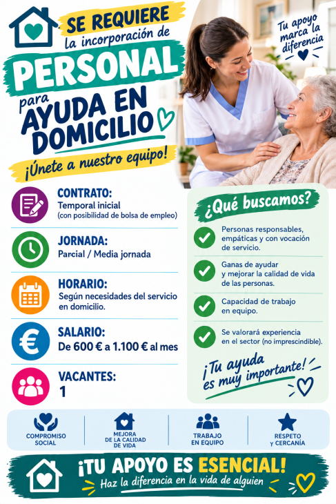 Se requiere la incorporación de personal para ayuda en domicilio