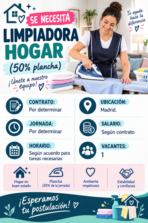 Se necesita limpiadora hogar (50% plancha)
