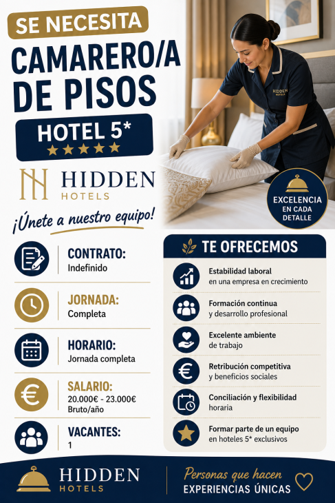 Se necesita camarero/a de pisos hotel 5* HIDDEN HOTELS