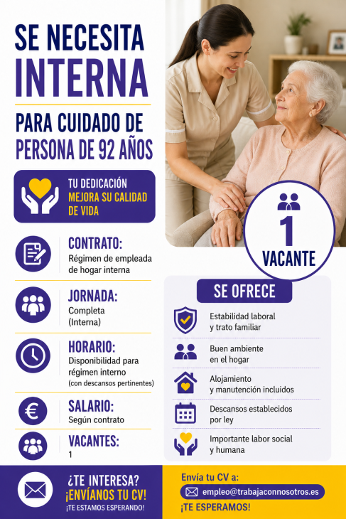 Se necesita interna para cuidado de persona de 92 años