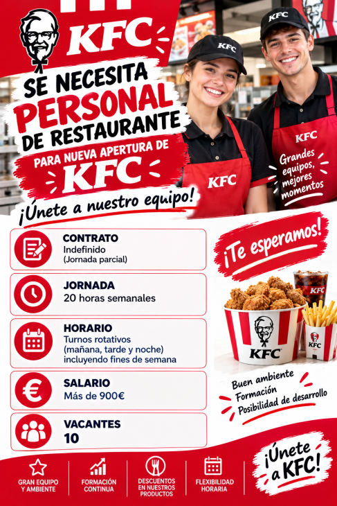 Se necesita personal de restaurante para nueva apertura de KFC
