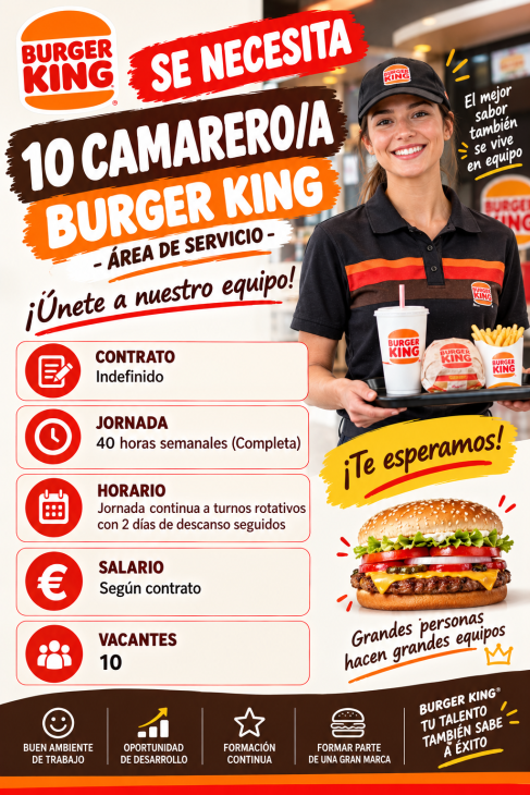 Se necesita 10 camarero/a Burger King -Área de Servicio