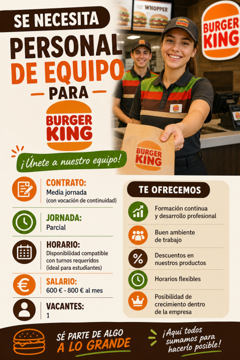 Se necesita personal de equipo para Burger King