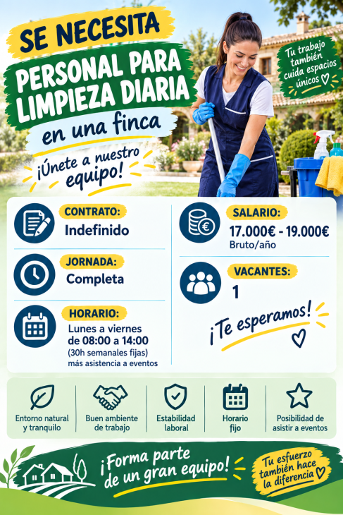 Se necesita personal para limpieza diaria en una finca