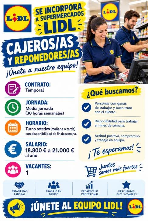 Se necesita incorporar a supermercados Lidl cajeros/as y reponedores/as