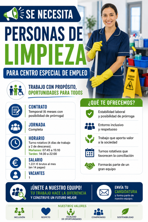 Se necesita personas de limpieza para centro especial de empleo