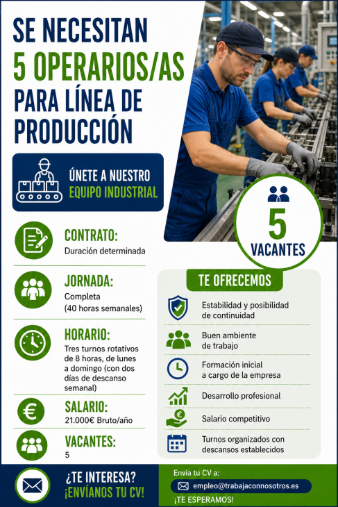 Se necesitan 5 operarios/as para línea de producción