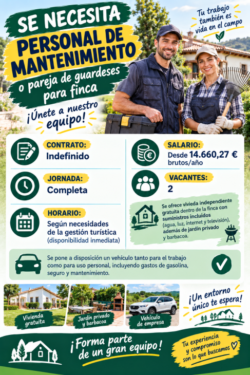 Se necesita personal de mantenimiento o pareja de guardeses para finca