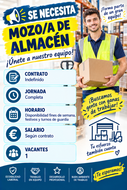 Se necesita la incorporación de personal para trabajar como mozo/a de Almacén