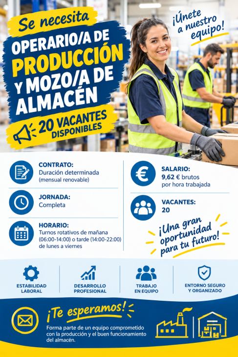 Se necesita operario/a de  producción y mozo/a de almacén 20 vacantes disponibles