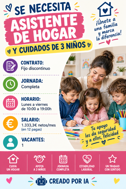 Se necesita asistente de hogar y cuidados de 3 niños
