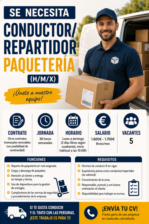 Se necesita conductor/ repartidor paquetería (H//M/X) 38h semanales
