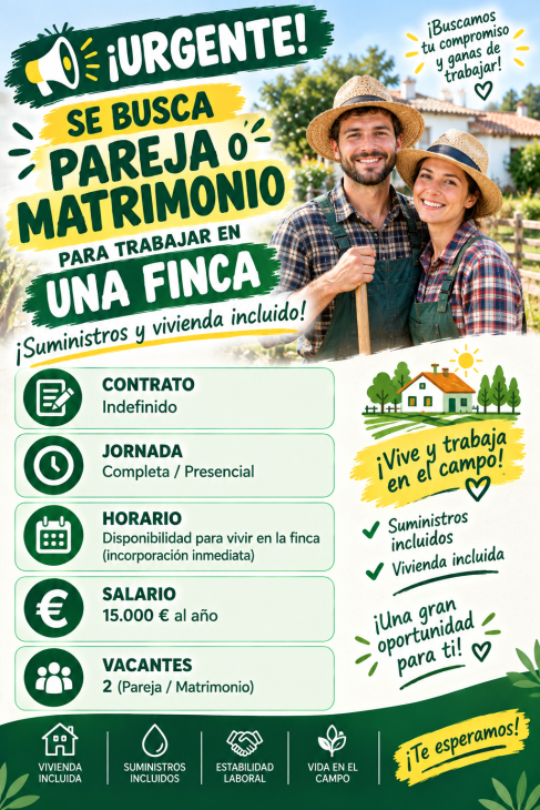 Urge pareja o matrimonio para trabajar en una finca, suministros y vivienda incluido