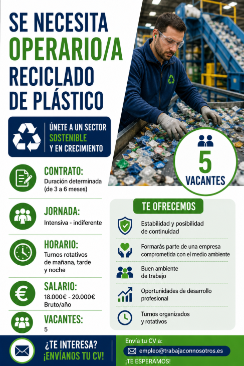 Se necesita operario/a reciclado de plástico
