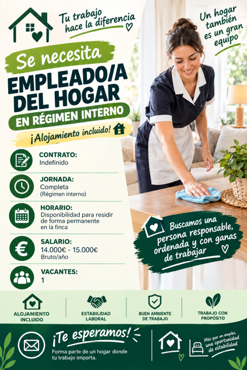 Se necesita empleado/a del hogar en régimen interno (Alojamiento incluido)