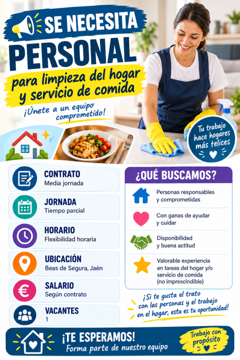 Se necesita personal para limpieza del hogar y servicio de comida