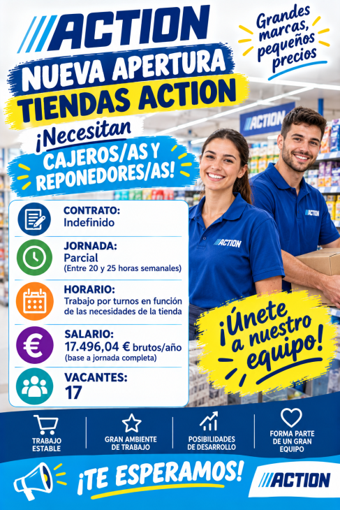 Nueva apertura tiendas Action , necesitan cajeros y reponedores