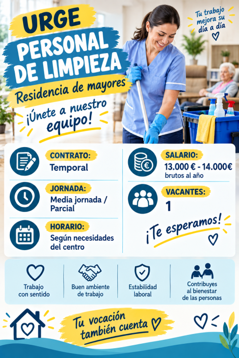 Urge personal de limpieza residencia de mayores