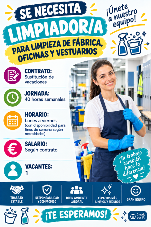 Se necesita limpiador/a para limpieza de fábrica, oficinas y vestuarios