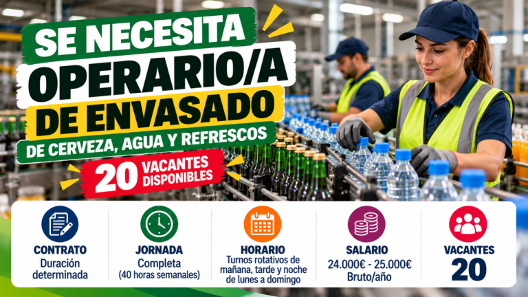 Se necesita operario/a de envasado de cerveza, agua y refrescos, 20 vacantes disponibles
