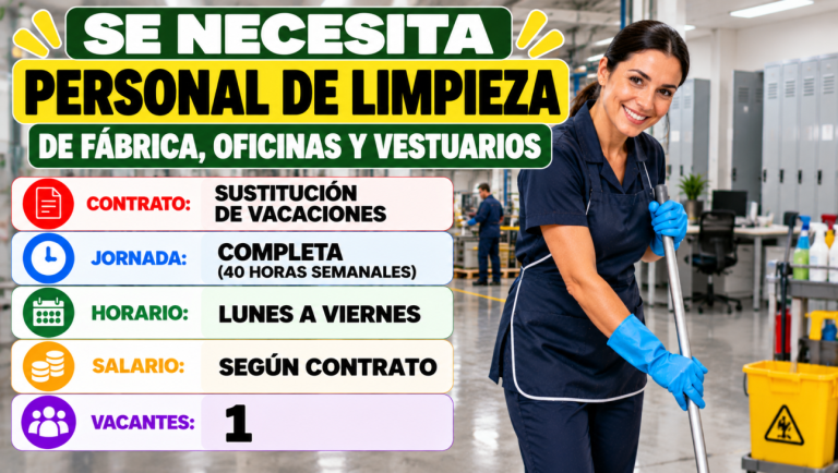 Se necesita personal para limpieza de fábrica, oficinas y vestuarios