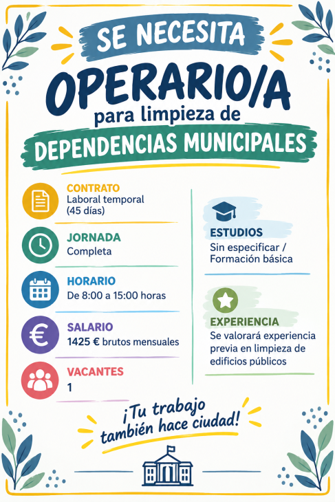 Se necesita operario/a para limpieza de dependencias municipales