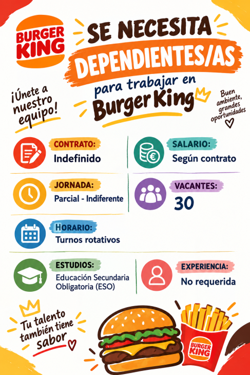 Se necesita dependientes/as para trabajar en Burger king